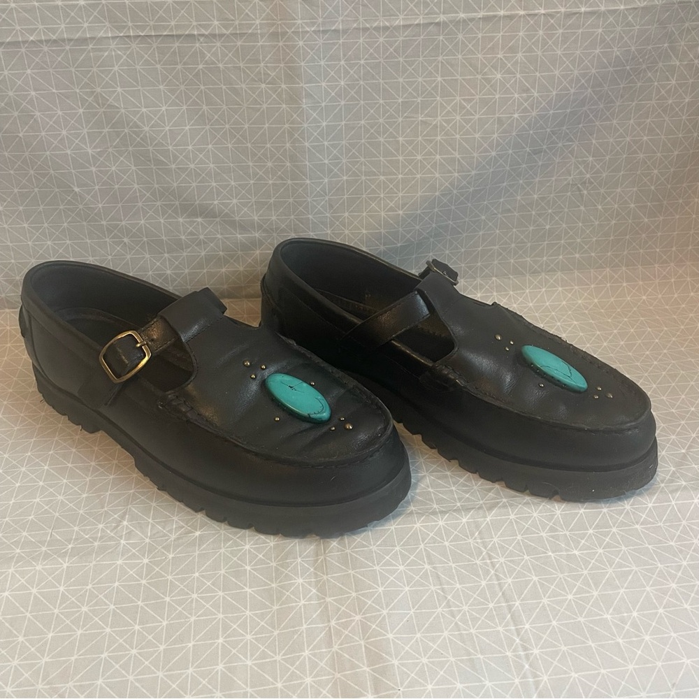 Laidback London Askari Chunky T-Strap Mary Janes Black Leather Turquoise 42